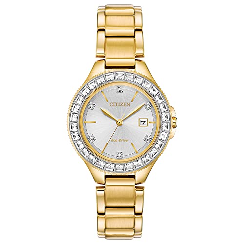 Citizen Women's Eco-Drive Dress Classic Crystal Watch in Gold-tone Stainless Steel, Silver Dial (Model: FE1192-58A)