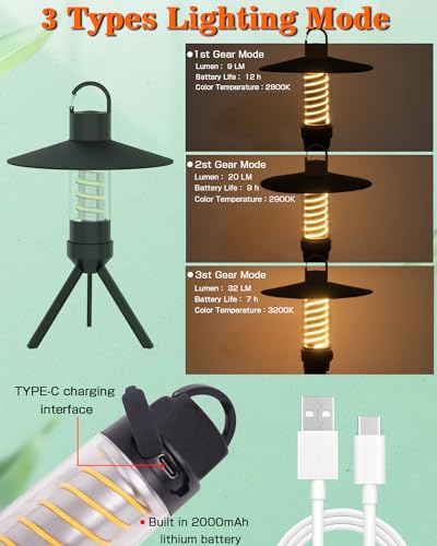 LED Lantern, Rechargeable Flashlight, 2000mAh Camping Lantern, 3 Lighting Modes, Dustproof and Splashproof, Suitable for Outdoors, Solo Camping, Fishing (Black)