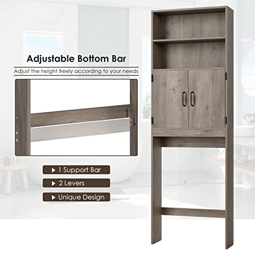 HOSTACK Over The Toilet Storage, Double Door Bathroom Organizer Toilet Cabinet, Freestanding Above Toilet Rack with Open Shelves and Adjustable Bottom Bar, 76.8 in H, White