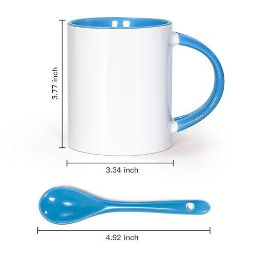 AGH Sublimation Coffee Mugs Blank 11 oz, White Straight Ceramic Cups with Blue Interior, Handle, Spoon, Bulk Bundle Set of 12