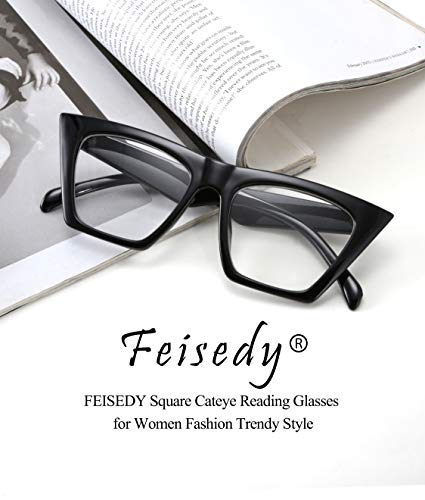 FEISEDY Square Cat Eye Reading Glasses Women Fashion Small Cateye Blue Light Blocking Reader Anti Glare Digital Eyestrain B2604 black 1.00x