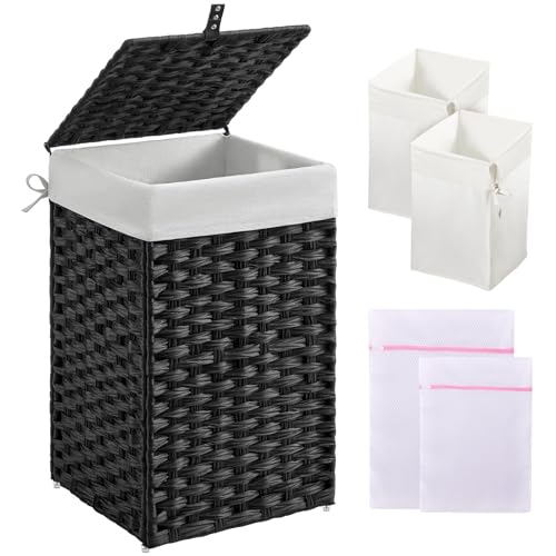 Greenstell Laundry Hamper with Lid, 60L Clothes Hamper with 2 Removable Liner Bags & 2 Mesh Bags, Handwoven Synthetic Rattan Basket, Toys in Bathroom, Bedroom Black