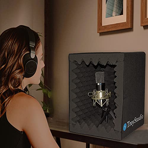 TroyStudio Portable Vocal Booth, Large Foldable Microphone Isolation Shield, Music Recording Studio Sound Echo Absorbing Box, Desk & Stand Use Reflection Filter with Thickened Dense Acoustic Foam