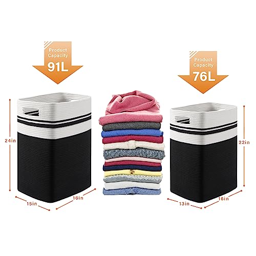 OIAHOMY 91L Laundry Hamper, XXXLarge Laundry Basket, Collapsible Cotton Rope Basket,Woven Storage Basket for Blankets,Clothes,Pillows-16x15x24-Black&white