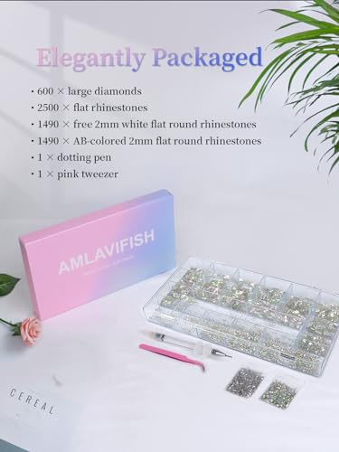AMLAVIFISH 6080PCS AB Rhinestones for Nails, Nail Gems with Special-Shaped Diamonds, 3D Decorations Flat Back Stones Gems Set, Acrylic Nail Mix Sizes Nail Charms(Picking Pen&Tweezers Included)