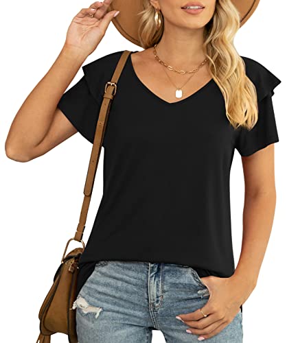 YVH Womens Tops, Short Sleeve Ruffle V Neck Semi Casual Shirts for Women Soft Comfy Loose Fit Blouse, Polka Dot Black, 3XL