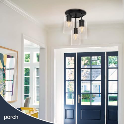 3-Light Semi Flush Mount Ceiling Light, Close to Ceiling Light Fixture with Clear Glass Shades, Modern Hallway Lighting Fixtures for Bedroom, Kitchen, Foyer Entryway with E26 Socket(Bulb Not Included)