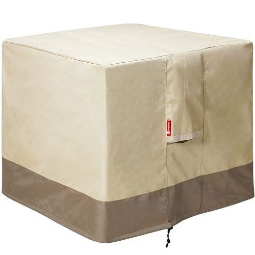 SheeChung Fire Pit Cover Square 28" L x 28" W x 25" H,Waterproof 600D Heavy Duty Outdoor Fire Pit Table Cover, Fits 24-28 Inch Square Fireplace,Gas Fire Pit Cover,Beige