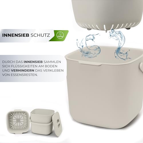 YourCasa® Compost bin Kitchen Counter with lid -1.85 Gallon - Countertop Compost bin - Composting Bin Dishwasher Safe - Odour Proof - Inner Sieve - Indoor Compost bin Kitchen composter (Beige)