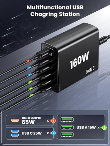 USB C Fast Charger Block: 160W GaN Charger 6 Port PD Charging Station Hub Brick for All iPad iPhone Series - Wall Charger Power Adapter for Samsung Galaxy Note - Laptop Charger for MacBook Air Pro