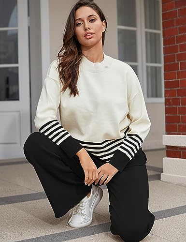 Tanming Women's Lounge Sets 2 Piece Outfits Knitted Pullover Sweater Tops Wide Leg Pants Tracksuit (Black-S)