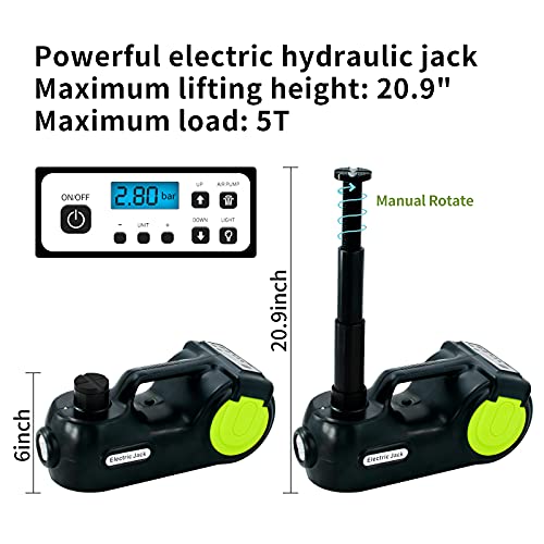 E-HEELP Electric Car Jack Kit 5T 12V Hydraulic Tire Jack with Double Cylinder Air Pump & LCD Touch Screen & Impact Wrench Portable Car Lift for Tire Changes and Roadside Emergencies