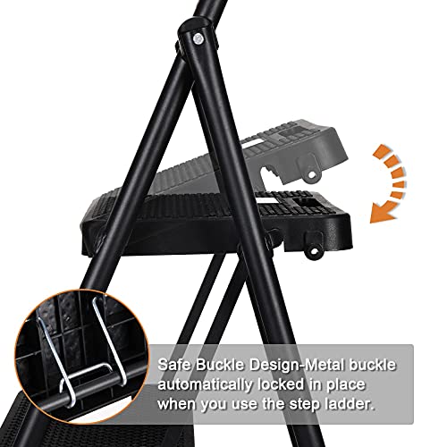 HBTower 3 Step Ladder with Handrails, 500 lbs Folding Step Stool with Attachable Tool Bag & Anti-Slip Wide Pedal for Home Kitchen Pantry Office (3-Step)