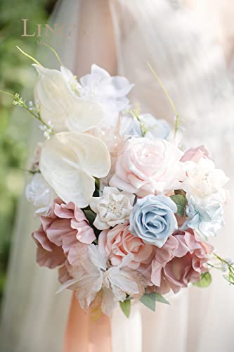 Ling's Moment Dusty Rose Bridal Bouquet for Bride, Blush Pink Wedding Bouquets for Bride, 13 Inch Silk Round Artificial Wedding Flowers Bouquets