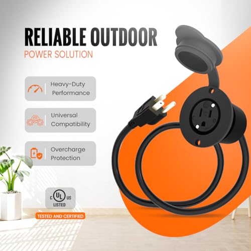 15A Weatherproof Outdoor Power Outlet by Journeyman-Pro 15 Amp 125 Volt NEMA 5-15R Receptacle Kit with Integrated 20" Inch Extension Cord + Waterproof Rubber Cover (GCR1-BLACK)