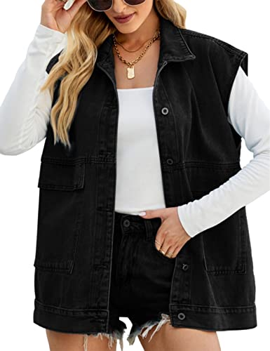 Zontroldy Denim Jean Vest for Women Oversized Sleeveless Button Down Denim Jean Vest Waistcoat Shacket Jacket (0170-Pink-L)