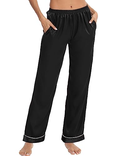 SWOMOG Women's Silk Satin Pajama Bottoms Wide Leg Pants Loose Lounge Lightweight Palazzo Pants Pj Casual Trousers with Pockets