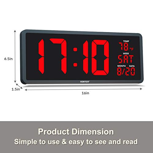 YORTOT 16β Large Digital Wall Clock with Remote Control - Adjustable Dimmer, 7 Color Night Lights, Big LED Clock with Indoor Temperature, Date, Auto DST, 12/24Hour, Wall Mount/Foldable Stand