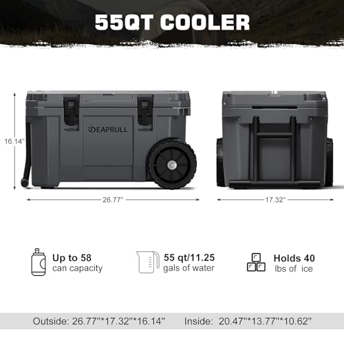 55 Quart Cooler with Wheels, Ice Chests Portable Camping Cooler Holds Ice up to 6 Days, Leak-Proof Insulated Cooler with Handle Cup Holders, Hard Cooler for Outdoor Camping, Beach, Boat, Grey