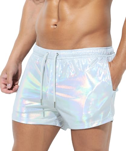 Casey Kevin Men's Holographic Metallic Short Sparkly Shiny Short Pants Rave Outfit Hot Shorts with Pockets and Drawstrings (A1-Sliver,Small)