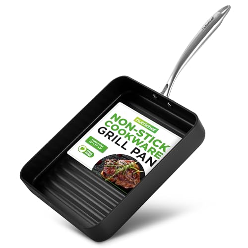 NutriChef 11" Square Grill Pan Non Stick - High Ridges, Hard-Anodized, Stove Top Griddle, Strong Handles, Dishwasher Safe