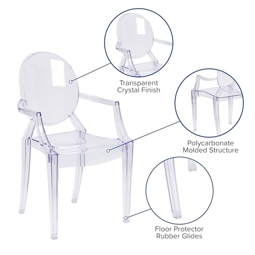 Flash Furniture Indoor/Outdoor Ghost Accent and Dining Chair with Curved Arms and Contoured Seat, Stackable Restaurant Chair, Transparent Crystal