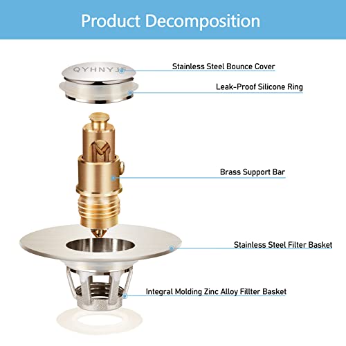 Bathroom Sink Stoppers Brushed Nickel,Pop Up Drain Stopper for Bathroom Sink,2-in-1 Sink Stopper & Strainer,Universal Wash Basin Sink Stopper,for 1.1"~1.5" Bathroom Sink Drain Pipe(Brushed Nickel)