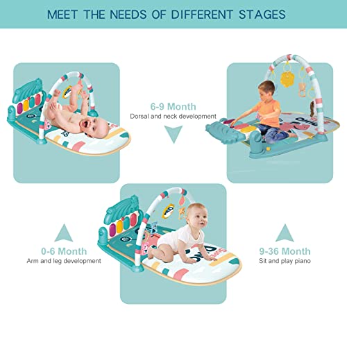 dearlomum Baby Play Mat Baby Gym, Piano Tummy Time Baby Activity Gym Mat with 5 Infant Learning Sensory Baby Toys, Music and Lights Boy & Girl Gifts for Newborn Baby 0 to 3 6 9 12 Months(Blue)