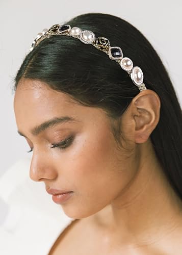 Huachi Rhinestone Baroque Crystal Pearl Wide Headband for Women - Elastic Glitter Green Jeweled Bridal Luxury Hairband