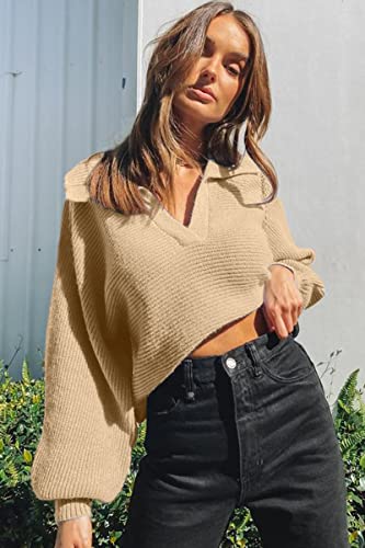 CHYRII Women Casual Overized Puff Long Sleeve V Neck Knitted Polo Pullover Sweater Jumper Tops Lavender M