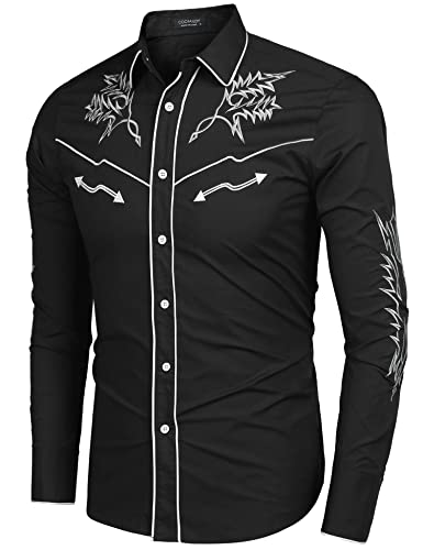 COOFANDY Men's Western Cowboy Shirt Long Sleeve Embroidered Cotton Casual Button Up Shirts for Men, Black(PAT8), Large