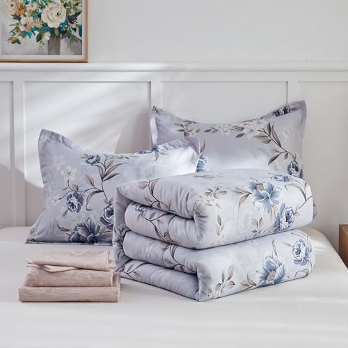 Flower Bed in a Bag 6 Pieces Twin size Blue Gray Floral Comforter Sheet Set Soft Microfiber Lightweight Summer Bed Set (1 Comforter 2 Pillow Shams 1 Flat Sheet 1 Fitted Sheet 1 Pillowcases)