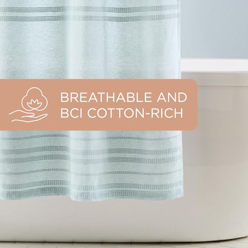 TOWN & COUNTRY EVERYDAY Sophia Textured Solid Cotton-Rich Breathable Fabric Shower Curtain with Reinforced Buttonhole Top Hem, Aqua Blue, 70"x72"