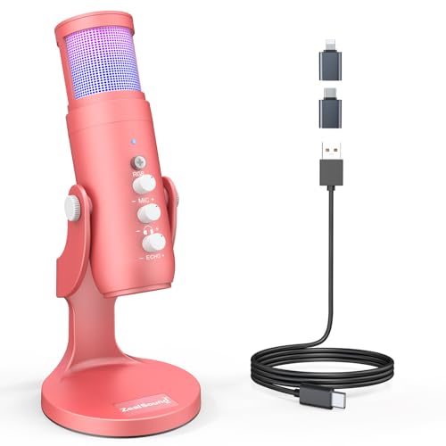 ZealSound USB Microphone,192kHz,3 Capsule,4 Pickup Patterns,RGB Computer Microphones with Mute/Volume Knob/Monitor/Noise Cancel,K66 Plus Condenser Mic for Gaming Podcasting YouTube Stream on Mac