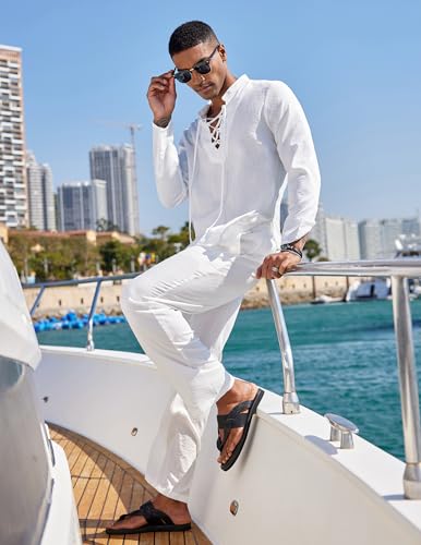 COOFANDY Men's 2 Piece Linen Set Long Sleeve Henley Shirts Casual Beach Pants With Pockets Summer Yoga Outfits