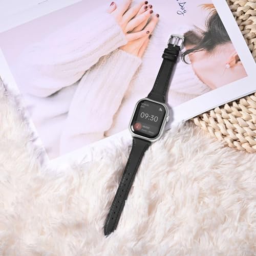 Anbeer Slim Leather Band Compatible with Apple Watch Band 40mm 38mm 41mm 42mm 44mm 45mm 49mm Women, Top Grain Genuine Leather Strap Thin Watch Wristband for iWatch Series 9 8 7 6 5 4 3 2 1 SE Ultra 2