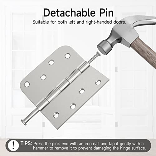 HOSOM 3 Pack Brushed Nickel Exterior Door Hinges 4 Inch, 5/8" Radius, Removable Pin, Perfect for Heavy-Duty Front & Back Door, Antirust & No Squeaks
