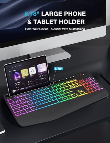 SABLUTE Wireless Keyboard with 9 Backlit Effects, Wrist Rest, Phone Holder, 2.4G Lag-Free Ergonomic Keyboards, Rechargeable Silent Cordless, for Computer, Laptop, Windows, Work, School (Keyboard Only)