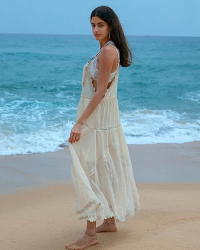 Gacaky Summer Dress for Women Casual Floral Embroidered Bohemian Dress Adjustable Straps Bib Maxi Flowy Dress with Pockets Yellow L