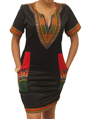 Women's Bodycon Dashiki African Midi Dresses Bohemian Vintage Club Dress with Pocket