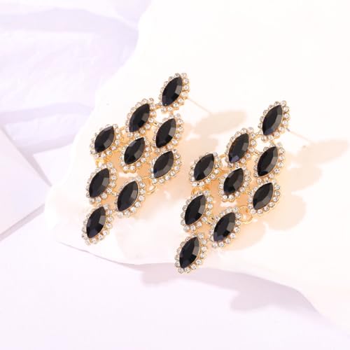 Black Vintage Rhinestone Statement Earrings Retro Fancy Crystal Drop Dangle Earrings Big Geometry Costume Jewelry for Bridesmaid Wedding Party Prom