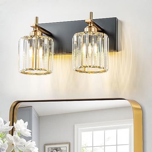 HUOKU Modern Crystal Bathroom Vanity Lights, Gold 4-Lights Bathroom Light Fixtures Over Mirror, Crystal Wall Lighting with Polished Gold Finish
