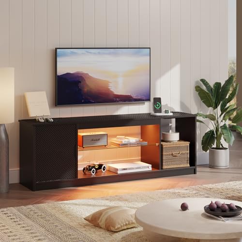 Bestier LED TV Stand with Power Outlets for 55/60/65 Inch TV, Gaming Entertainment Center with Cabinet for PS5, Modern TV Cabinet with Adjustable Glass Shelves for Living Room, Bedroom 58 Inch,Black