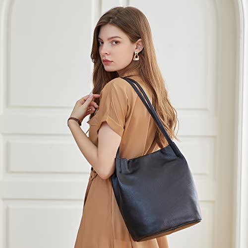 Iswee Black Leather Tote Bag Soft Genuine Leather Shoulder Bag Bucket Bags for Women Handbags and Purses Slouchy Hobo Large Satchel (Black)