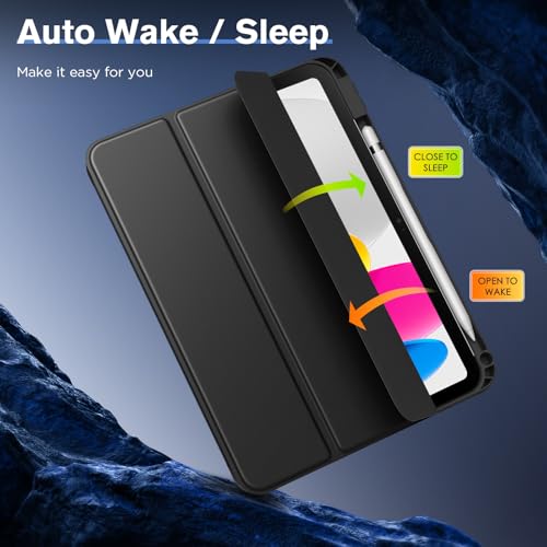 MoKo for iPad 10th Generation 10.9 Inch Case 2022 with Pencil Holder, Smart Trifold Protective iPad Case with Soft TPU Back Stand Cover for 10th gen iPad 2022, Hollow Logo/Auto Wake/Sleep, Black