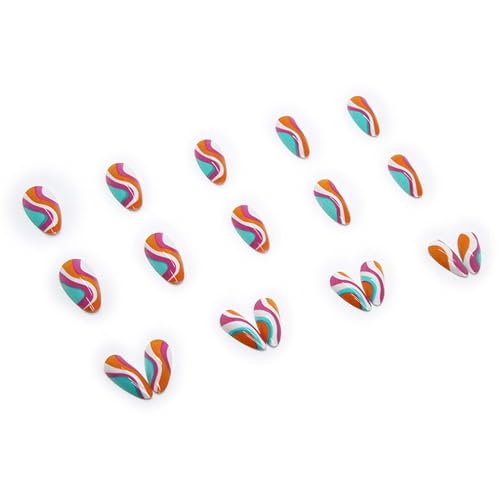 Colorful Nails Press on Nails Medium Almond Fake Nails with Gorgeous colorful stripes Designs Rainbow Elements Full Cover Acrylic False Nails for Women Manicure(24 PCS)
