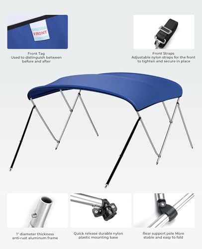 KEMIMOTO Bimini Top for Boat, 3 Bow 4 Bow Bimini Tops Cover 600D Marine Grade Canvas Boat Canopy with 6-8ft Length 54" - 96" Width, Includes Mounting Hardware, 2 Straps 2 Rear Support Poles
