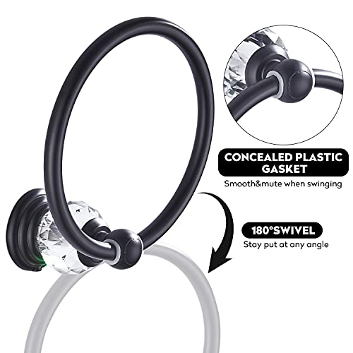WINCASE Crystal Towel Ring, Black Hand Towel Holder, Bathroom Round Towel Hanger Racks Wall Mount Matte Black