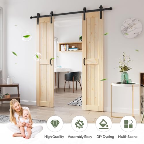 ROYMELO 36x84 inch (Double 18×84 inch Door) Sliding Barn Wood Door Slab with 6.6ft Hardware Kit, Requires Simple DIY Assembly