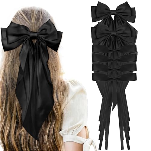 ANBALA Big Hair Bows for Women, 6 PCS Satin Ribbon Hair Bows Set, Tassel Bowknot Hair Clips with Long Tail, Cute Hair Barrettes Bowknot Tassel Claw Hair Clips for Girls (Black)